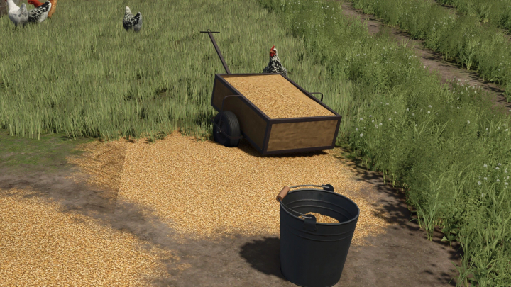 fs25-mods,  FS25 Handcart mod v1.0.0.0 in Farming Simulator 25 with grain spilling beside a bucket in a grassy field.