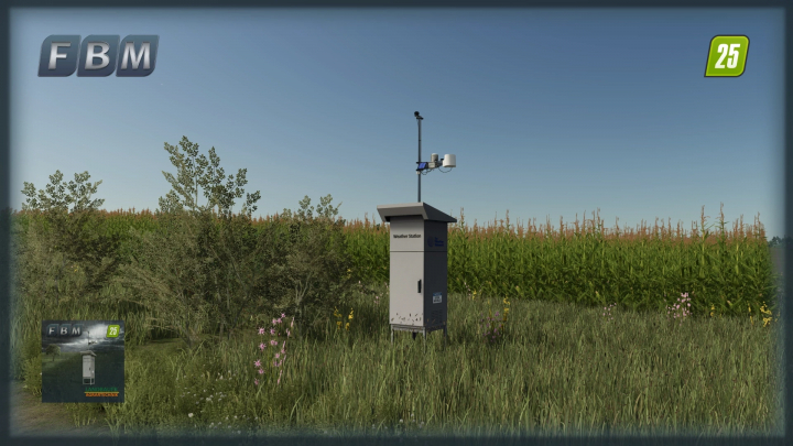 fs25-mods,  FS25 mod IMT300 Box v1.0.0.0 showcasing a weather station in a field with tall crops and clear sky.