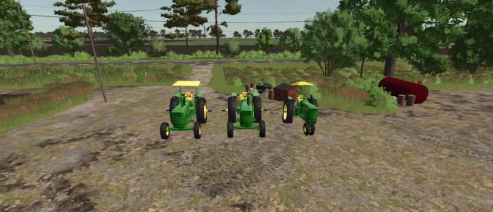 fs25-mods,  Three John Deere 5020 tractors in a rural setting in FS25 mod, showcasing Farming Simulator 25 mods.