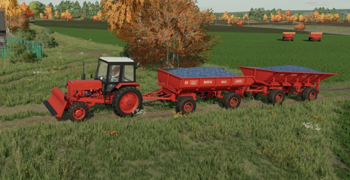 fs22-mods,  FS22 mods: Red tractor with KSP-6 trailers on a farm in Farming Simulator 22 map.