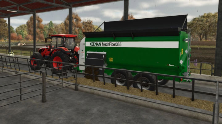 fs25-mods,  FS25 mods showcase Keenan MechFiber 365 trailer attached to a red tractor in a farm shed.