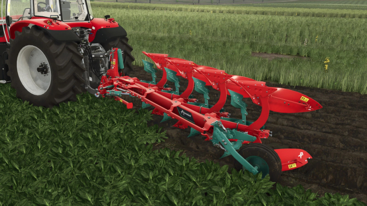 fs25-mods,  Kverneland EG100 mod for Farming Simulator 25, showing a red and green plow attached to a tractor working in a field. FS25 mod.