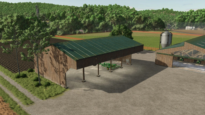 fs25-mods, A large shed in Farming Simulator 25 mod, with green roof and surrounding trees. Part of the Large Shed v1.0.0.0 mod. FS25 mods.