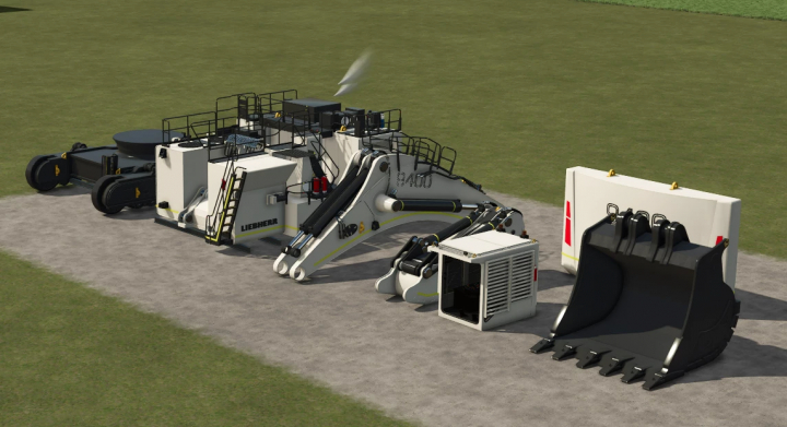 fs25-mods,  Liebherr R 9400 Excavator mod for Farming Simulator 25, showcasing detailed components on a grassy terrain.