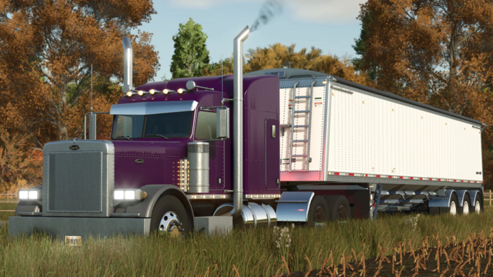 fs25-mods,  Purple Lizard 379 truck mod for FS25 with a white trailer in a rural setting.