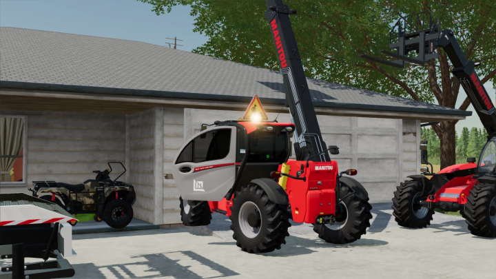 fs22-mods,  FS22 mod Manitou telehandler parked outside a garage in Farming Simulator 22.