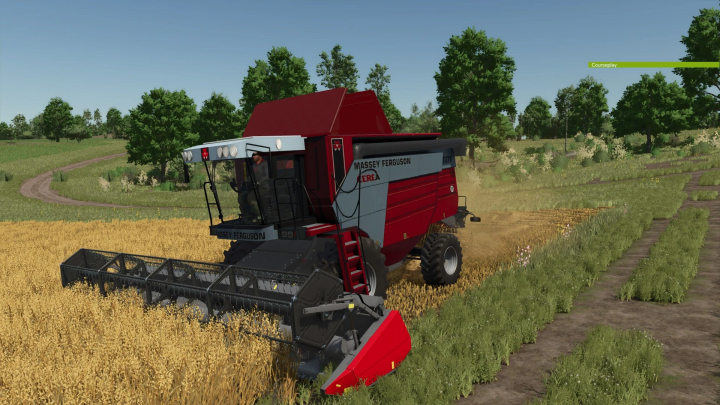 fs25-mods,  Massey Ferguson 7278 with header mod in FS25 harvesting a field.