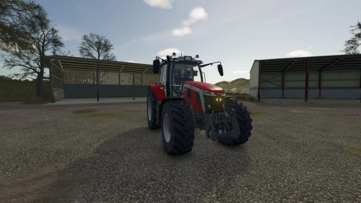 fs25-mods,  Massey Ferguson 7S tractor mod in FS25, parked on gravel with farm buildings in the background.