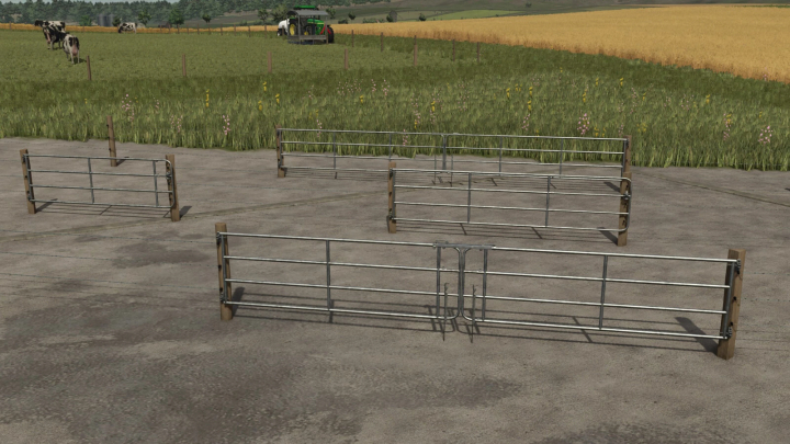 fs25-mods,  FS25 Meadow Fence Pack v1.0.0.0 showing metal fences on a farm with fields and a tractor in the background.