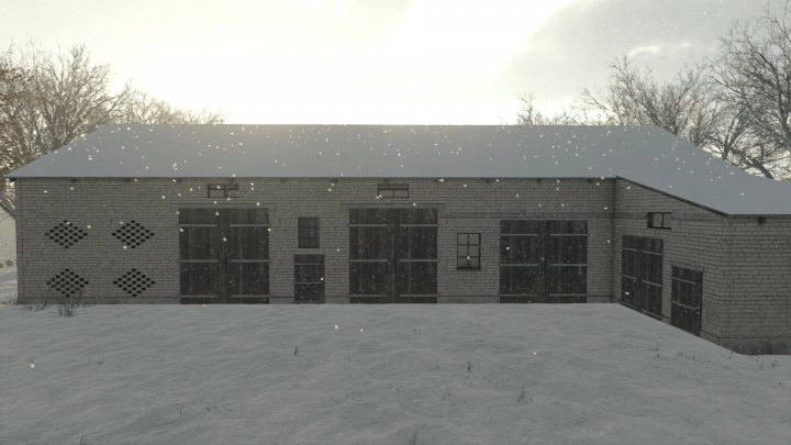 fs25-mods,  FS25 mods: Medium Polish Garage in winter setting with snow falling. Farming Simulator 25 mod.