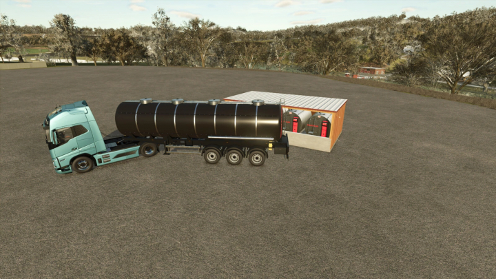 fs25-mods, FS25 mod Milk Tank Extension v1.0.0.0 showcasing a large black milk tank attached to a turquoise truck on a farm.