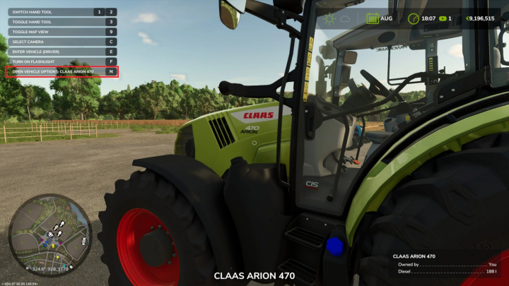 fs25-mods, Claas Arion 470 tractor in FS25 Mobile Workshop mod v1.0.0.0, with interface options visible.