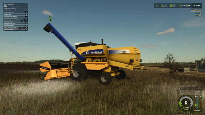 fs25-mods,  New Holland TC57 combine in Farming Simulator 25 mod, showcasing yellow machinery in a field. FS25 mods enhance agricultural gameplay.