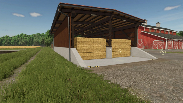 fs25-mods,  FS25 Objectstorage Shed mod with hay bales stacked inside, surrounded by grass and a barn