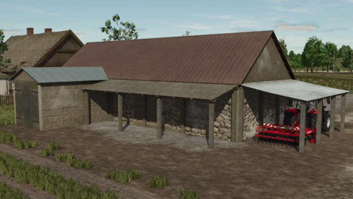 fs25-mods,  Old Farm Building Set mod in FS25 featuring rustic barns and garages, enhancing Farming Simulator 25 landscape.