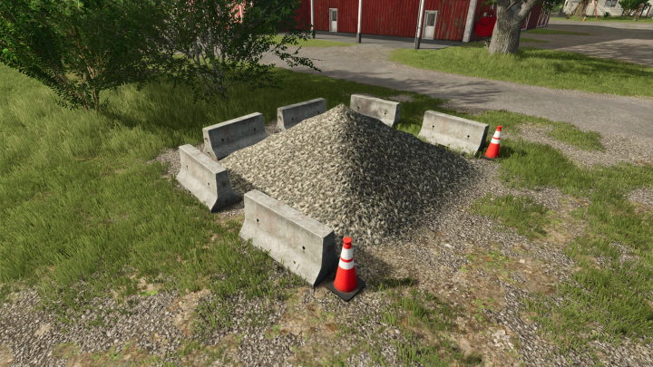 fs25-mods, FS25 mod image showing a pile of gravel surrounded by concrete barriers and traffic cones.