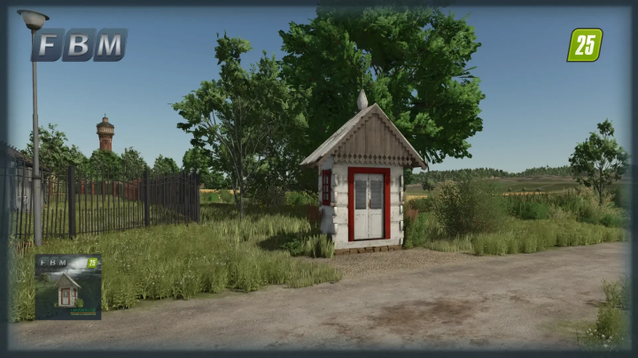 fs25-mods,  FS25 mod Polska Chapel 1924 v1.0.0.0 showing a white chapel with red trim in a lush landscape in Farming Simulator 25.