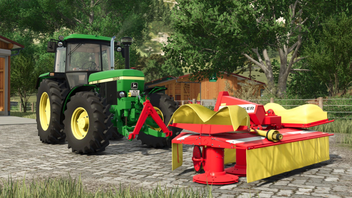 fs25-mods,  FS25 mod: Pöttinger CAT Pack v1.0.0.0 featuring a green tractor and red-yellow mower attachment in a farm setting.