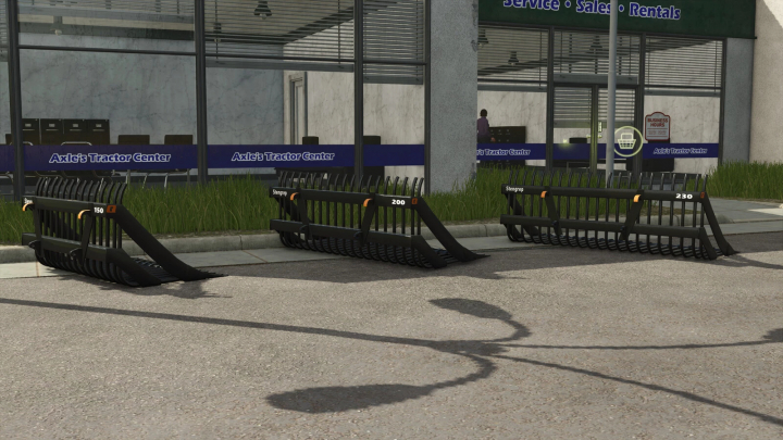 fs25-mods, FS25 mods Quicke Stengrep Pack v1.0.0.0 displaying three rakes in front of Axle's Tractor Center.