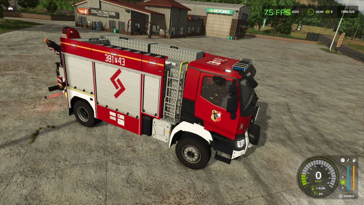 fs25-mods,  Renault 381P43 fire truck mod in FS25, parked near Yeolyo Tractors in Farming Simulator 25.