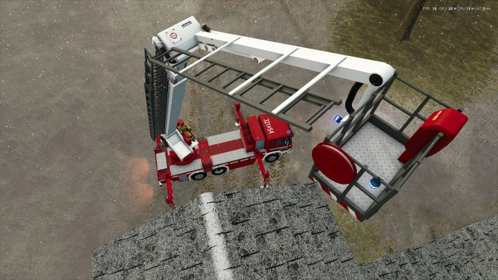 fs25-mods,  Scania SH Rzeszow mod in FS25 showing a firetruck with extended ladder and platform.