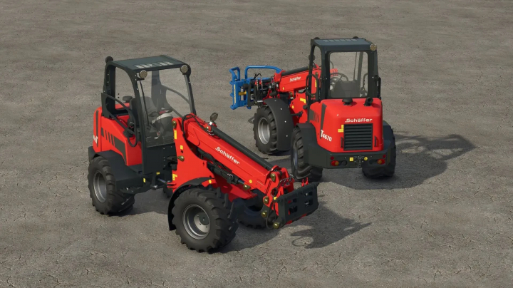 fs25-mods,  Two Schäffer 4670 T loaders from FS25 mods on a paved surface in Farming Simulator 25.