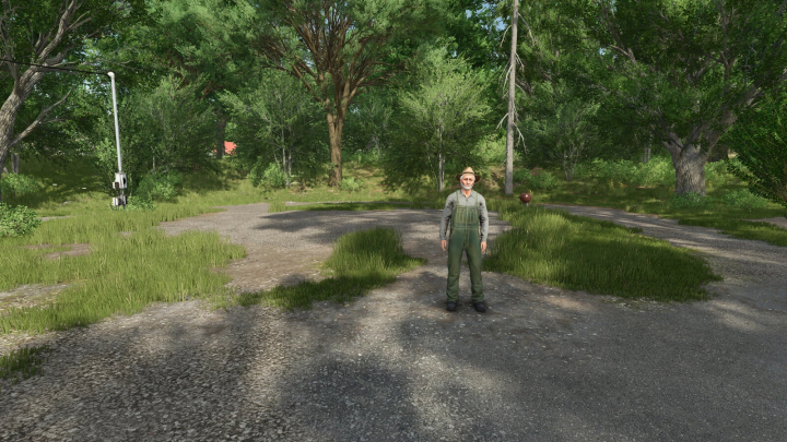 fs25-mods, FS25 mods: Farmer in overalls on a dirt path surrounded by greenery in Farming Simulator 25 Sellable Preplaced Placeables v1.0.0.0.