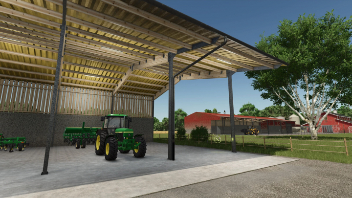 fs25-mods, FS25 Shed mod v1.0.0.0 featuring a green tractor inside a spacious barn in Farming Simulator 25.