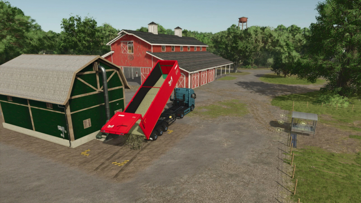 fs25-mods,  FS25 Silage Factory mod v1.0.0.0 showing a red trailer unloading silage near farm buildings.