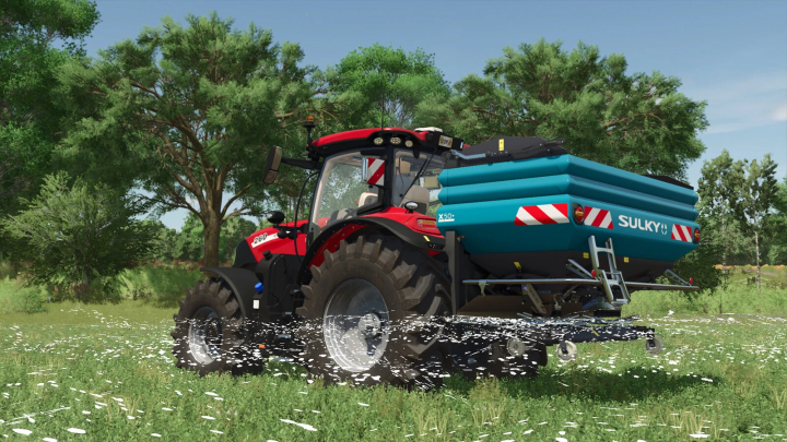 fs25-mods, Tractor with Sulky X50 Econov mod in Farming Simulator 25, spreading fertilizer on a green field. FS25 mods enhance gameplay.