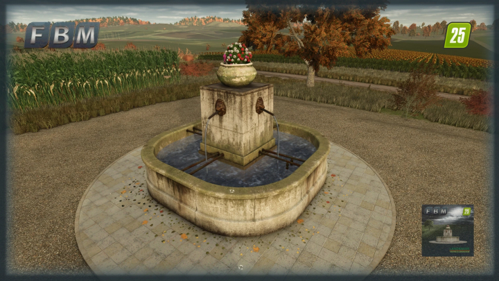 fs25-mods,  Town Fountain mod in FS25, featuring a stone fountain with flower pot in a rural setting.