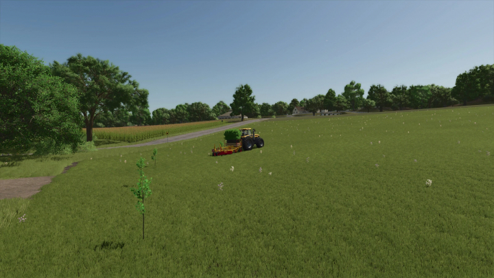 fs25-mods,  FS25 mod Tree Sapling Pack v1.0.0.1 shows tractor planting saplings in a vast field.