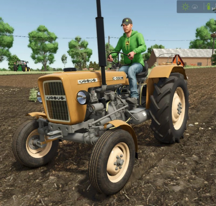 fs25-mods,  URSUS C330 tractor mod in Farming Simulator 25, shown in a field being driven by a farmer. FS25 mods, Farming Simulator 25 mods.