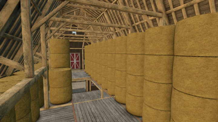 fs25-mods, Interior of barn with hay bales in FS25 US Farm Barn mod