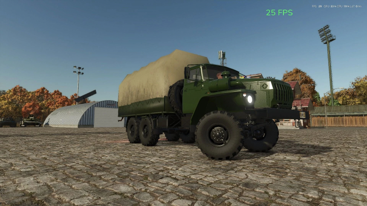 fs25-mods,  Green Ural 4320 truck in Farming Simulator 25 mod, parked on cobblestone pavement with buildings in the background. FS25 mods.