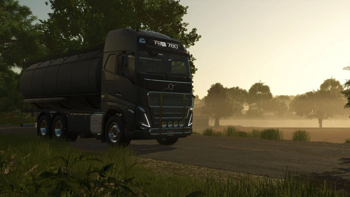 fs25-mods,  Volvo FH16 Tanker mod in FS25, set against a foggy rural backdrop.