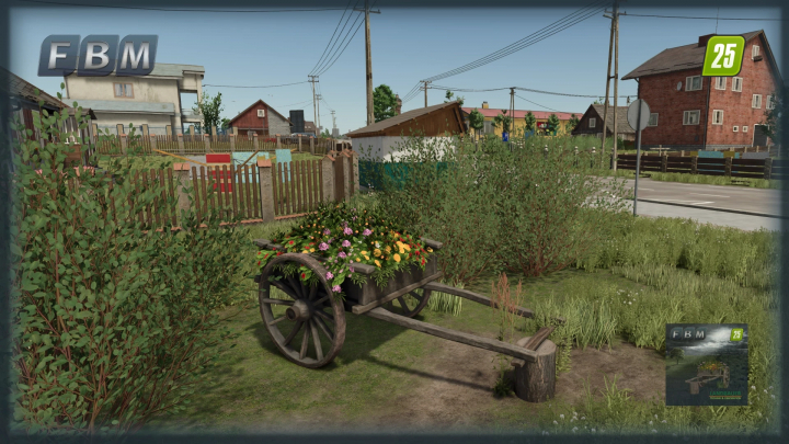 fs25-mods,  FS25 mod Wooden Flower Cart v1.0.0.0, a rustic cart filled with vibrant flowers in a farmyard setting.