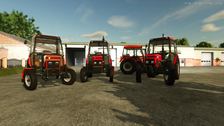 fs25-mods,  Four Zetor 5211-7745 tractors in FS25 mod, parked in farmyard.