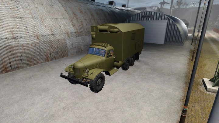 fs25-mods,  Zil 157 truck mod in FS25, parked near a large corrugated hangar.