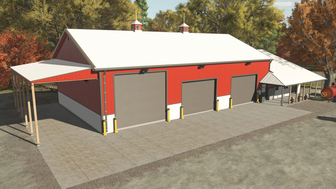 3 Stars Garage mod for Farming Simulator 25, showcasing a large red shed with white roof and roll-up doors.