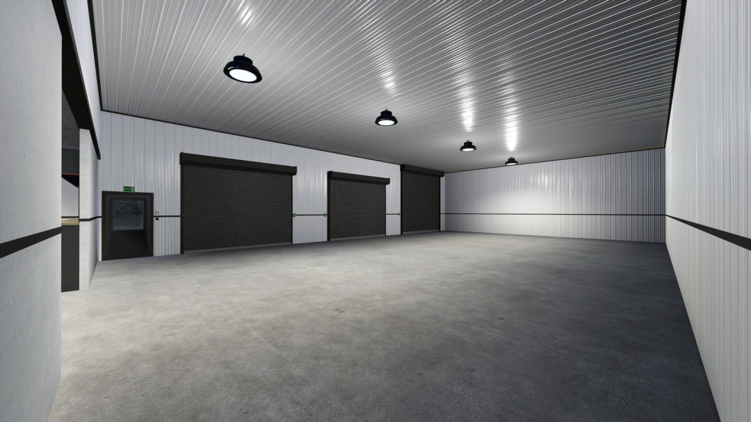 Interior view of 3 Stars Garage, a mod for Farming Simulator 25, showcasing a spacious, well-lit garage with roll-up doors.