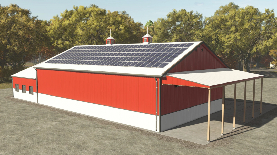 FS25 mod 3 Stars Garage with solar panels on red building, Farming Simulator 25