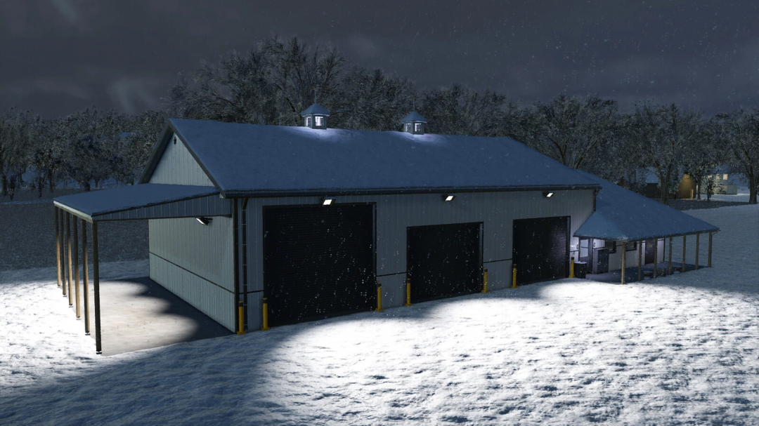 FS25 mod 3 Stars Garage v1.0.0.1, nighttime snowy scene with illuminated garage and trees.