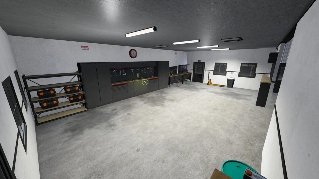 Interior of 3 Stars Garage mod in FS25, featuring tool cabinets, shelving, and workshop equipment in a spacious layout.