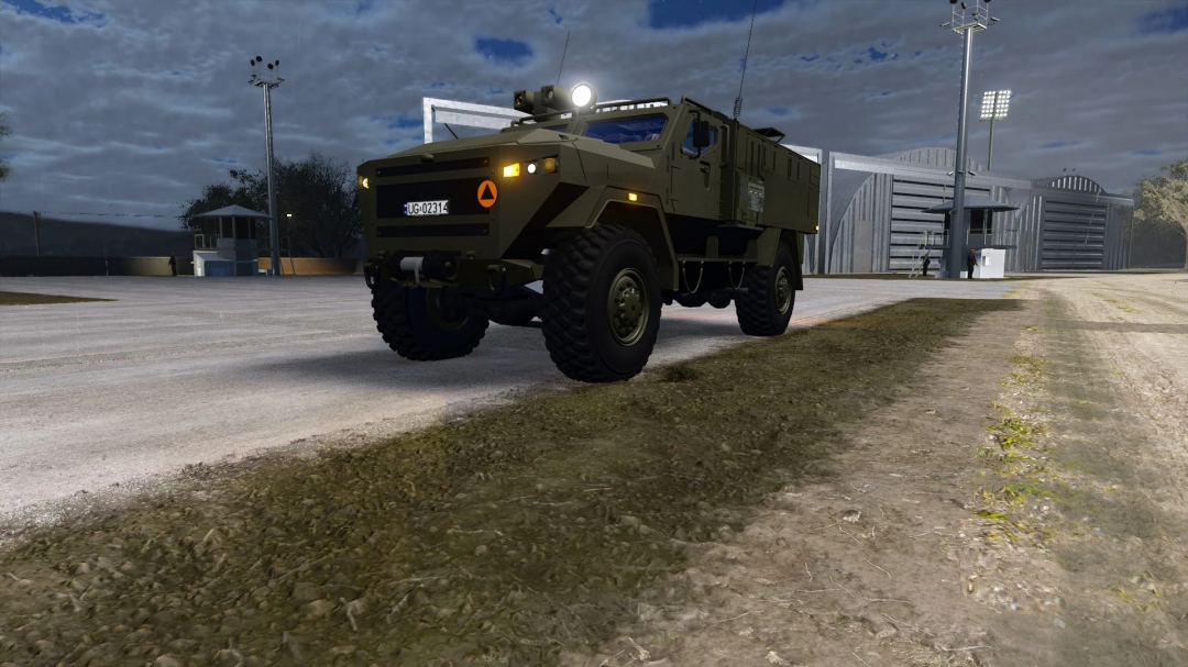 AMZSISU Bystra v1.0.0.0 truck mod in FS25, showcased on a dirt road with industrial buildings in the background.