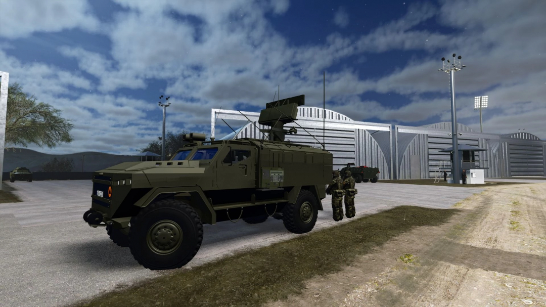 FS25 mod AMZSISU Bystra v1.0.0.0 showing a military vehicle next to a hangar under a cloudy sky.