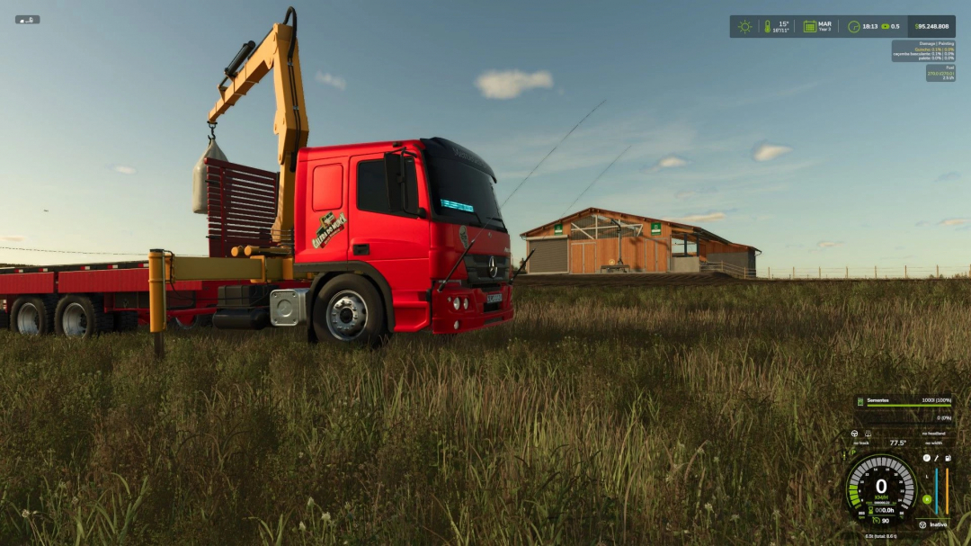 FS25 mod ATEGO MUNCK v1.0.0.0 features a red truck with a crane attachment on a grassy field.