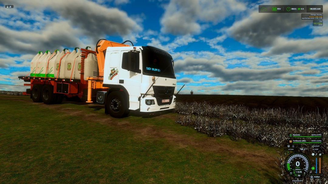 FS25 mod ATEGO MUNCK v1.0.0.0 showing a truck with a flatbed carrying large tanks on a rural landscape.