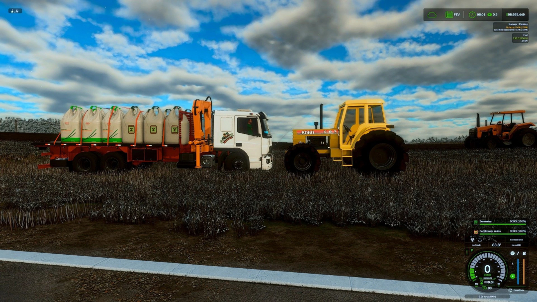 FS25 mod ATEGO MUNCK v1.0.0.0 shows a truck and tractor on a field under a cloudy sky in Farming Simulator 25.