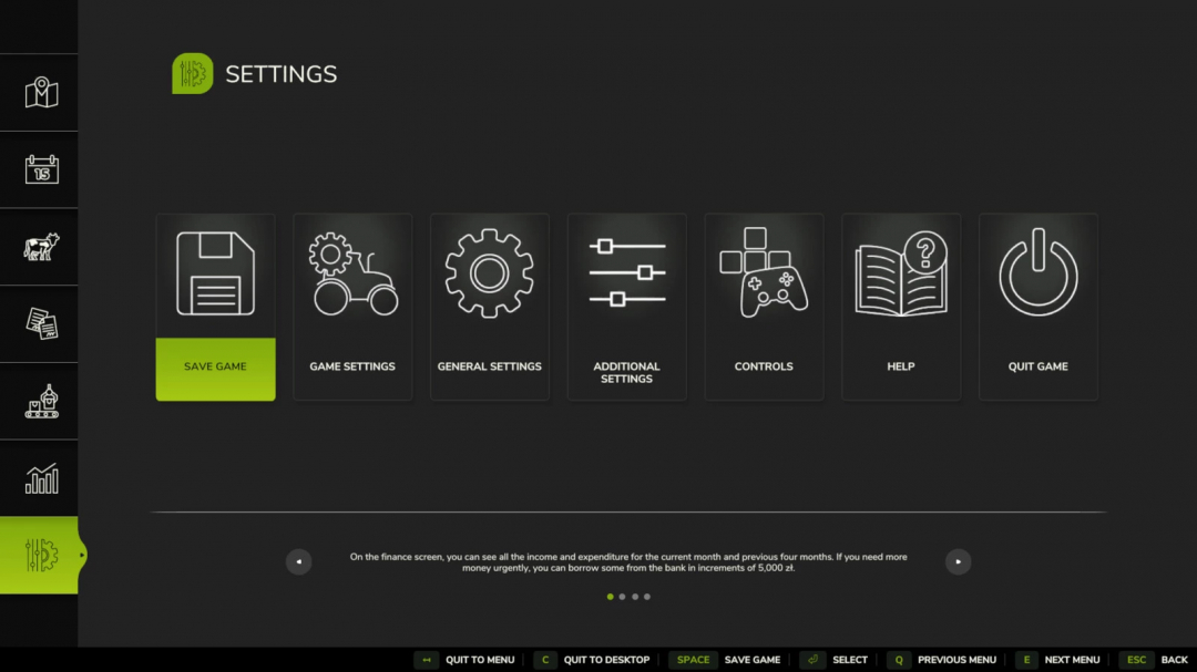 FS25 Additional Game Settings v1.0.0.1 menu with options for saving, controls, and general settings.